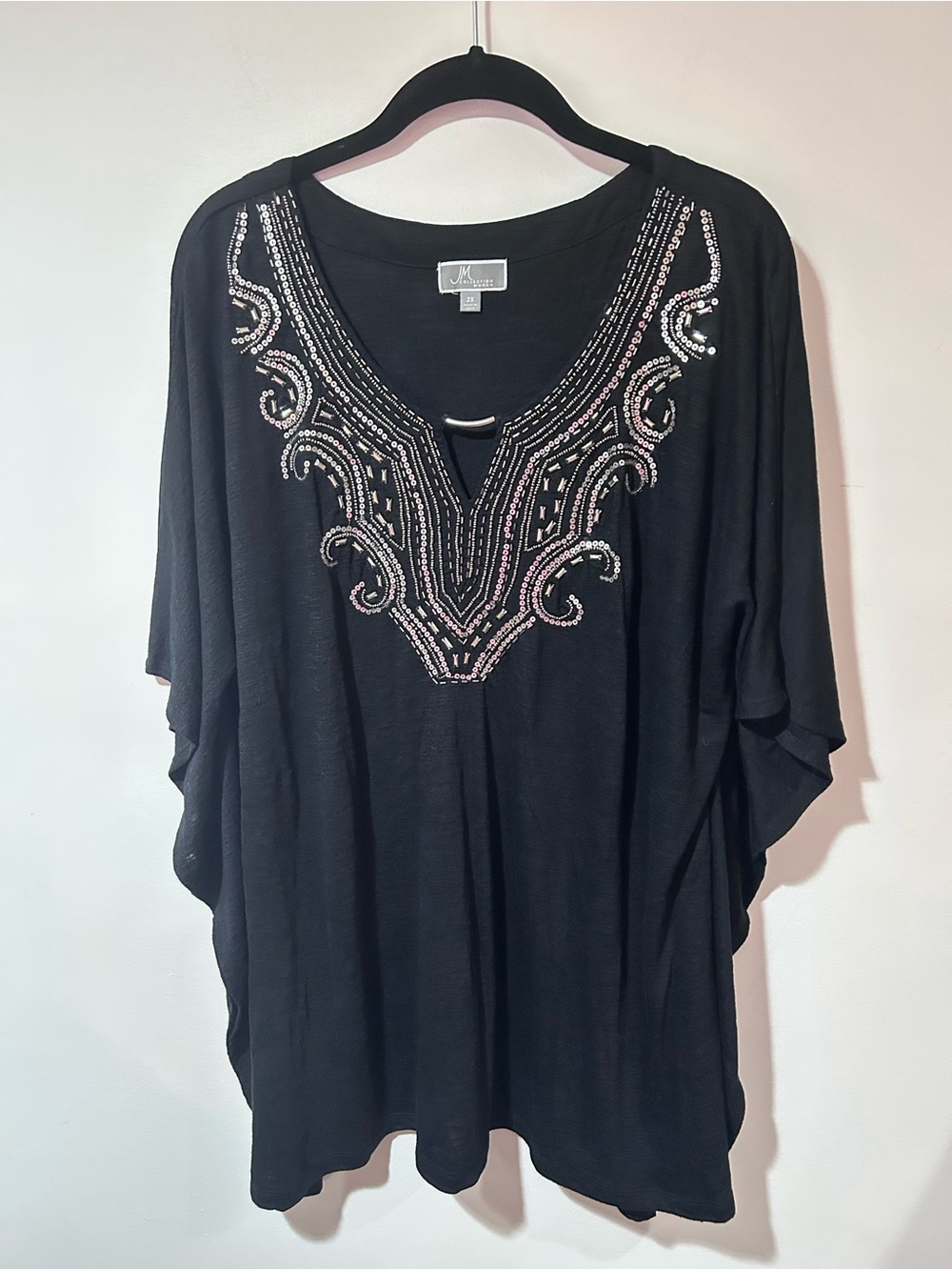JM Collection Black Tunic with Beaded V-Neck Embellishment
